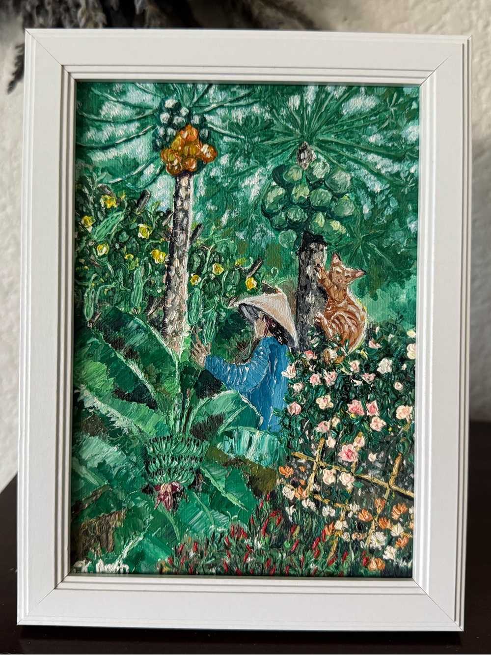 Original oil painting Vietnamese rural garden signed framed 5x7 inches